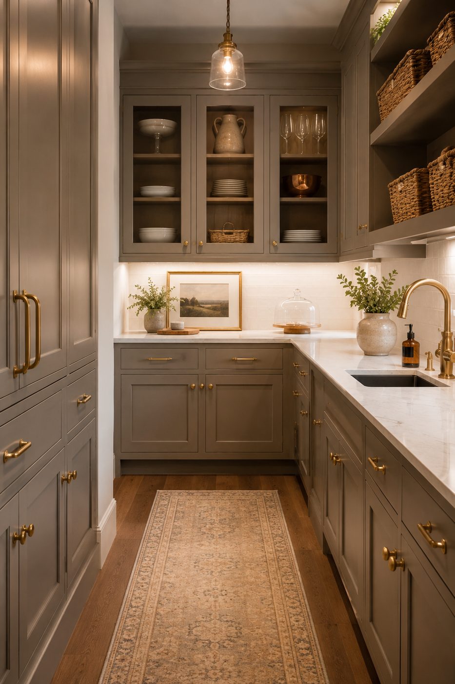 Traditional butler's pantry with painted inset cabinetry and brass hardware