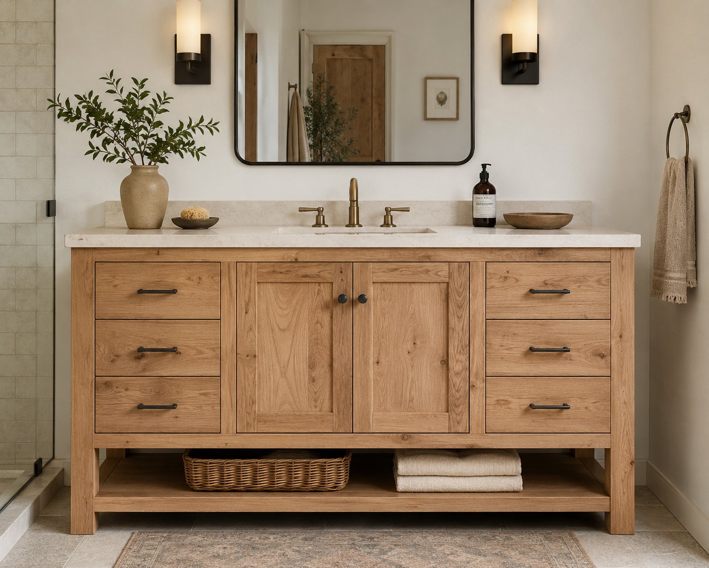 Custom bathroom vanity with furniture-quality cabinetry and natural stone counter