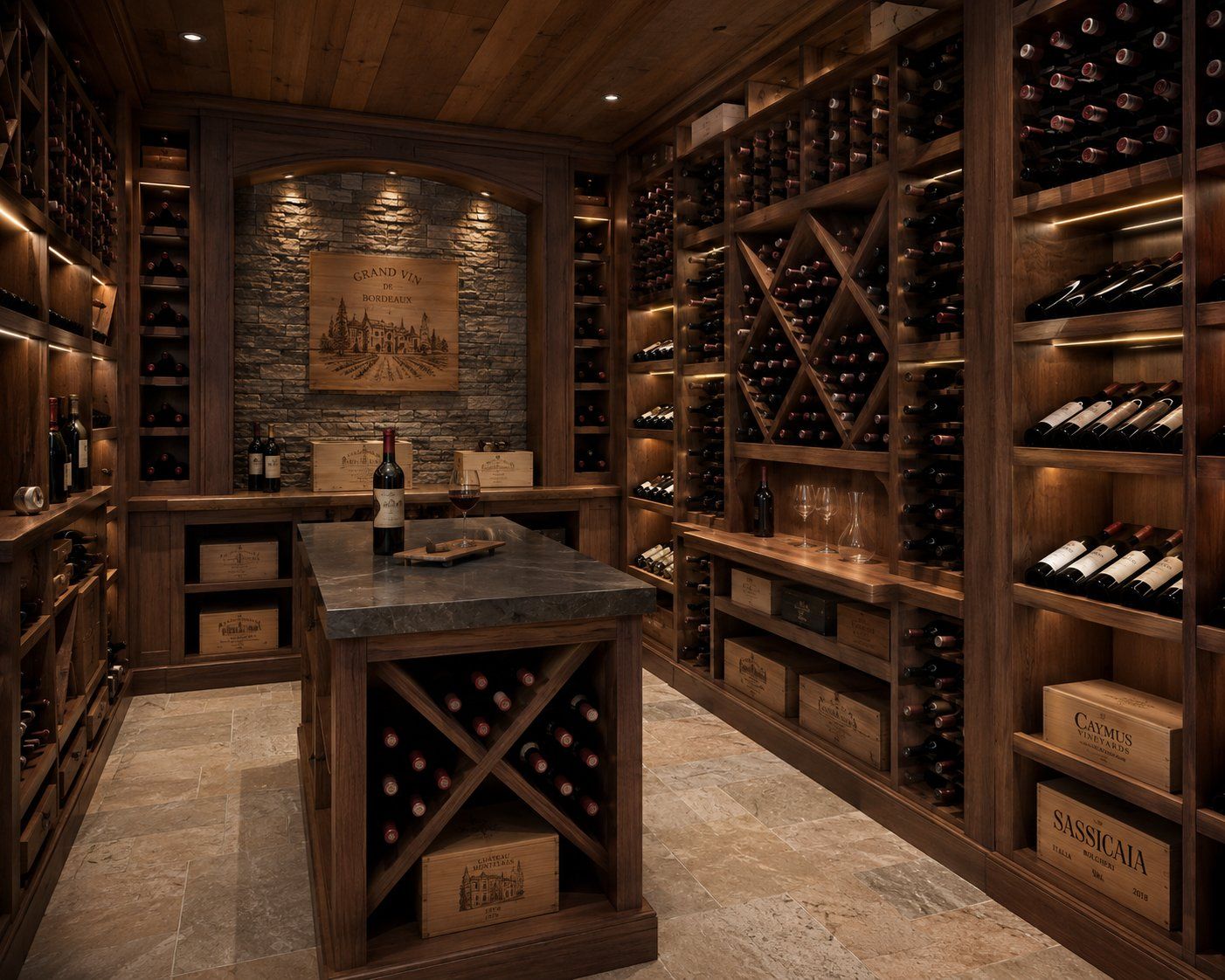 Climate-controlled custom wine cellar with hand-fit racking and display walls