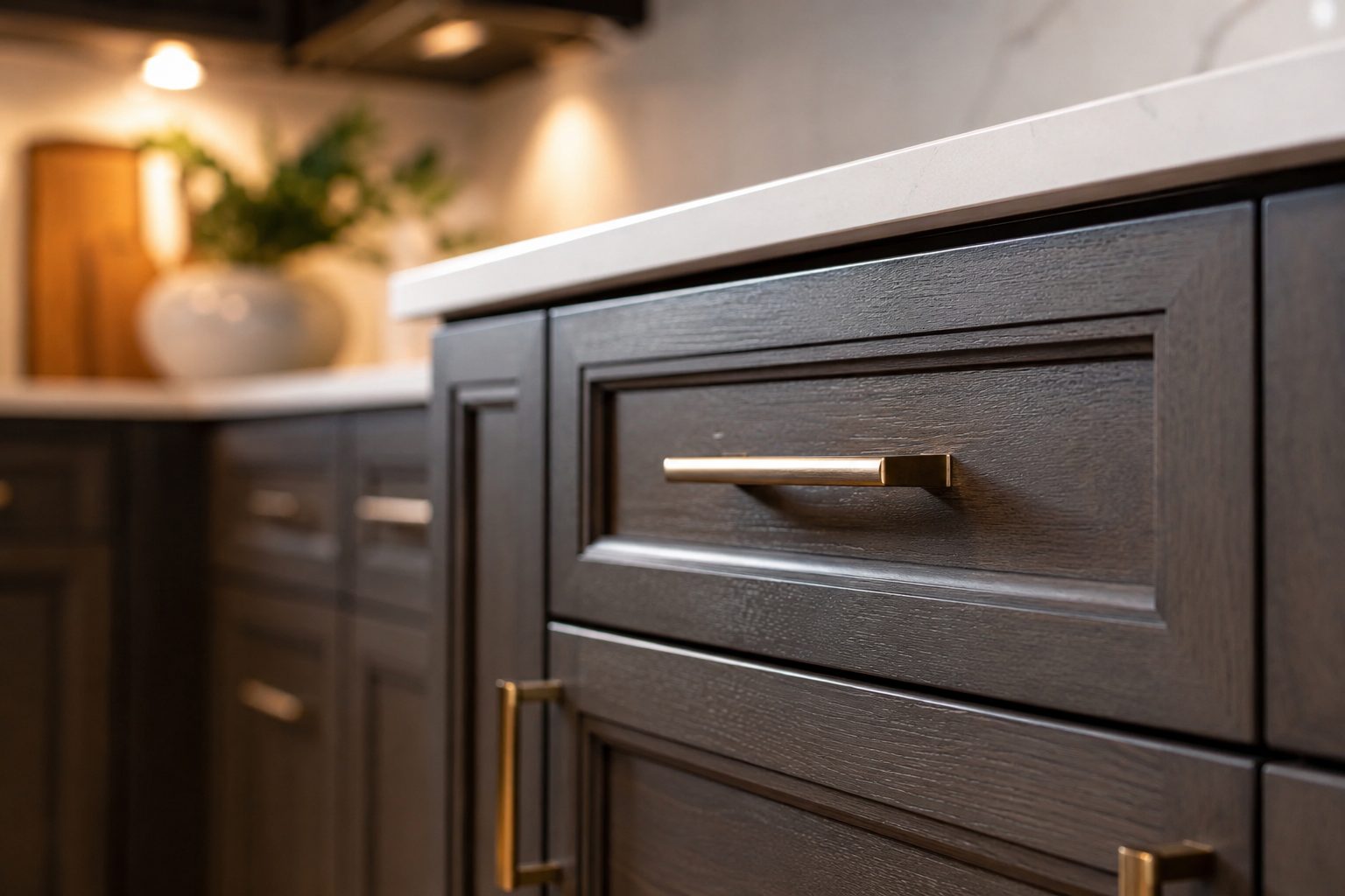 Close-up of stained wood cabinetry with brushed brass pull and marble counter