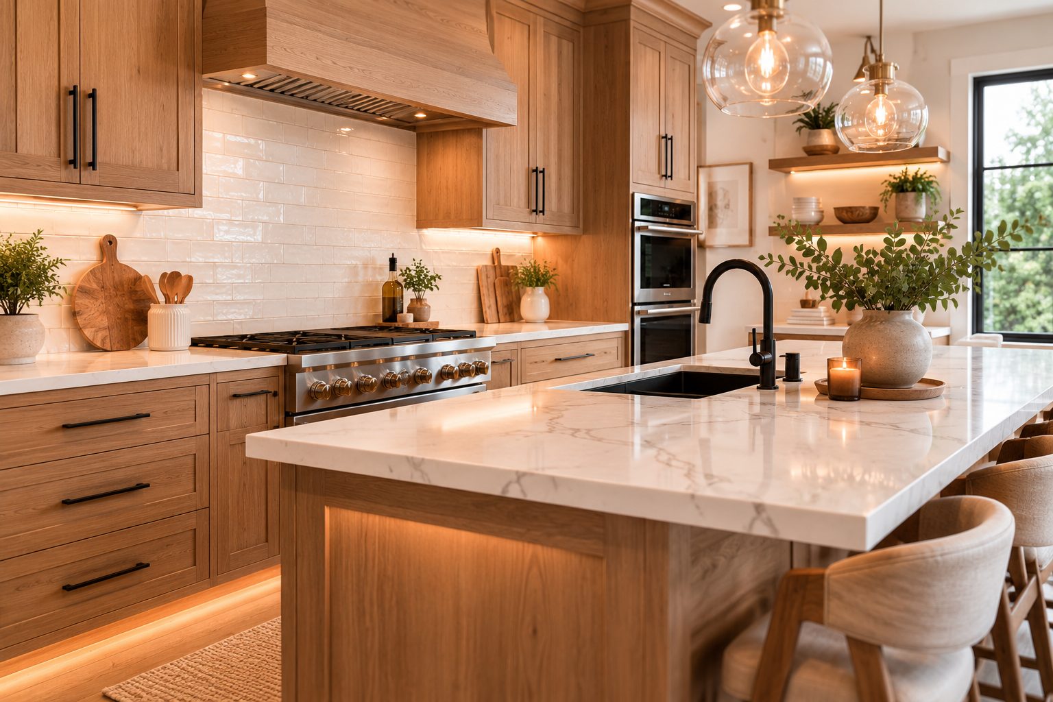 Custom natural wood kitchen with marble island and brass hardware
