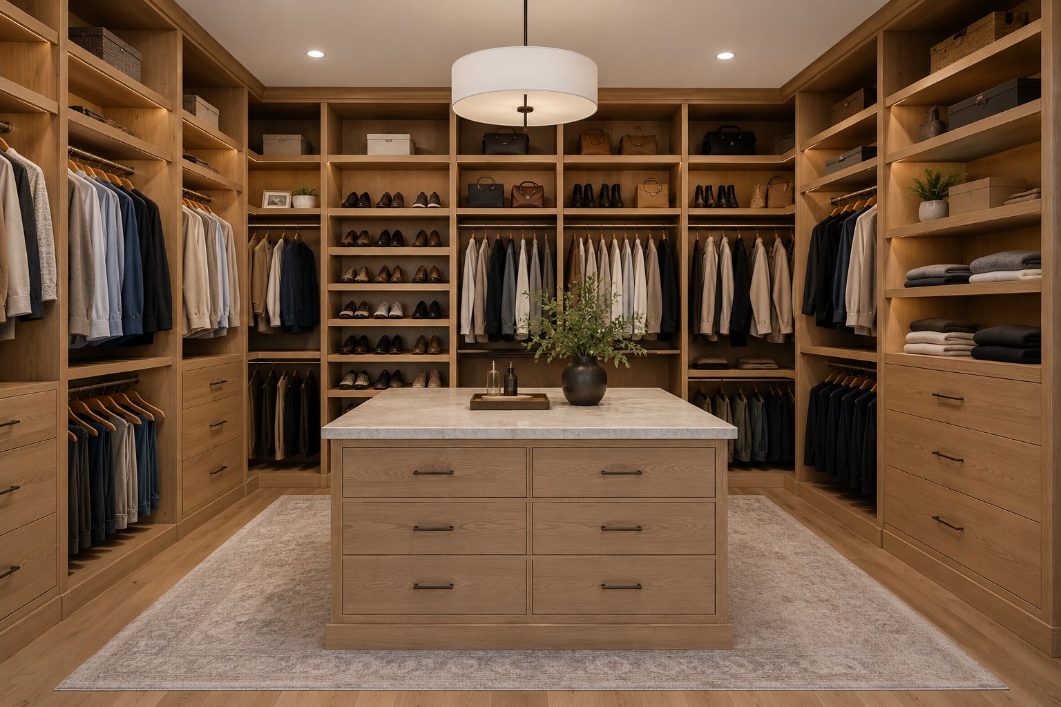 Luxury primary dressing room closet with island vanity and integrated lighting
