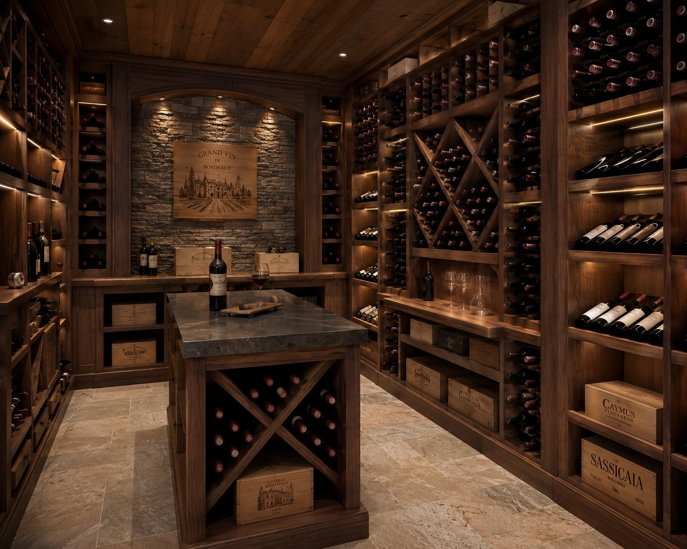 Climate-controlled custom wine cellar with hand-fit racking and display walls